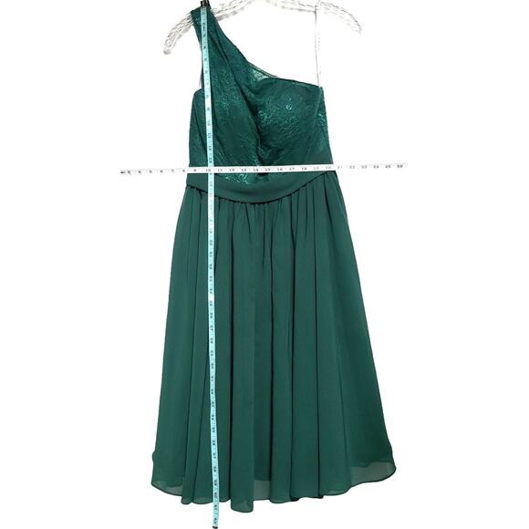 Azazie One Shoulder A-Line Midi Dress Lace Bodice Flowy Lined Green Festive - Picture 6 of 11